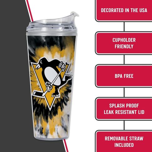 Rico Industries NHL Hockey Pittsburgh Penguins Team Color Tie Dye 24oz Metallic Acrylic Tumbler with Hinged Lid, Officially Licensed Double Wall Tumbler with Straw in Saudi Arabia
