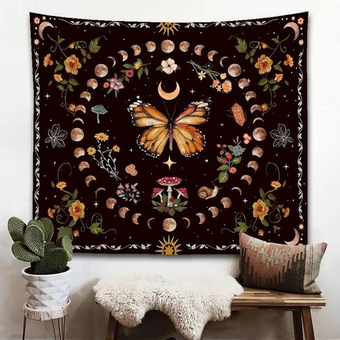Nature Plant Butterfly Tapestry, Moon Phase Tapestries Aesthetic Flower Decor Wall Hanging for Bedroom Home Dorm(Butterfly moon phase, 51.2 inches x 59.1 inches) in Saudi Arabia