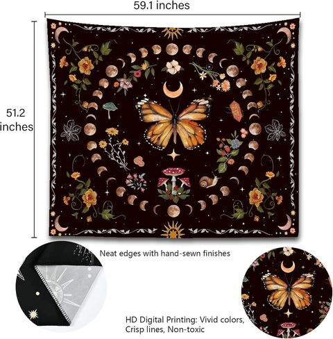 Nature Plant Butterfly Tapestry, Moon Phase Tapestries Aesthetic Flower Decor Wall Hanging for Bedroom Home Dorm(Butterfly moon phase, 51.2 inches x 59.1 inches) in Saudi Arabia