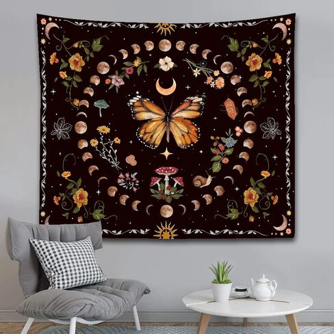 Nature Plant Butterfly Tapestry, Moon Phase Tapestries Aesthetic Flower Decor Wall Hanging for Bedroom Home Dorm(Butterfly moon phase, 51.2 inches x 59.1 inches) in Saudi Arabia