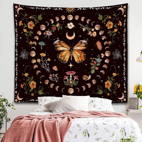 Nature Plant Butterfly Tapestry, Moon Phase Tapestries Aesthetic Flower Decor Wall Hanging for Bedroom Home Dorm(Butterfly moon phase, 51.2 inches x 59.1 inches) in Saudi Arabia