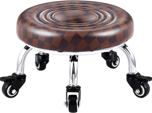 Low Stool with Wheels, Roller Seat Short Rolling Stools with Universal Swivel Caster Wheels Leather Little Low Small Stools on Wheels for Home Garage to sit on- Brown in Kuwait