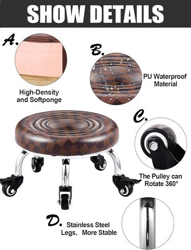 Low Stool with Wheels, Roller Seat Short Rolling Stools with Universal Swivel Caster Wheels Leather Little Low Small Stools on Wheels for Home Garage to sit on- Brown in Kuwait