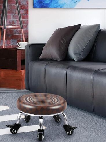 Low Stool with Wheels, Roller Seat Short Rolling Stools with Universal Swivel Caster Wheels Leather Little Low Small Stools on Wheels for Home Garage to sit on- Brown in Kuwait