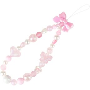 LUVI Beaded Phone Charm Lanyard Wrist Strap Love Heart Bow Beads Butterfly Chain Flower String Pearl Bling Bracelet Keychain Cute Fashion for Women Girls