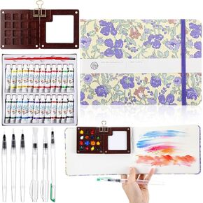Mini Portable Watercolor Palette Set 15 Grids Wooden Travel Paint Box with Binder Clip Sketchbook 6 Pcs Watercolor Brush Pens 24 Colors of Watercolors for Painters Artists Students