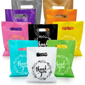 TOSPARTY 100 PCS 10 Colors Plastic Handle Bag Party Gift Bags Party Favor Bags Candy Cookie Bags for Birthday Party Baby Shower Wedding Gift Shop Retail Bag (7.87" x 6.3")