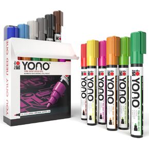 Marabu Yono Acrylic Paint Markers for Canvas - 12 علامة طلاء احترافية للصخور والزجاج والجلد والجرافيتي - أقلام الطلاء الأكريليك للبلاستيك - علامات الطلاء النسيج المتميز للأحذية الرياضية والأحذية