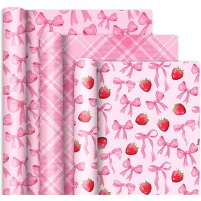 JarThenaAMCS 3 Rolls Pink Bow Wrapping Paper -Mini Roll- 17 In x 16.4 Ft Plaid Bow-Knot Strawberry Gift Wrap Paper for Holiday Wedding Baby Shower Birthday Party Wrapping Supplies
