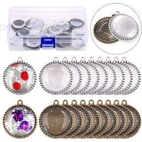 Glarks 40Pcs 25mm Antique Bronze Silver Color Round Tree Bezel Pendant Trays with Bright Glass Cabochon Dome Tiles for Bracelet Necklace Crafting DIY Jewelry Gift Making