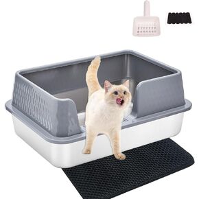 Stainless Steel Cat Litter Box with lid Cover Mats Scooper Medium Small Low Entry Enclosed Metal Kitty Litter Box for Kittens or Senior Cats with Transparent Black Enclosure