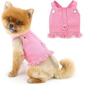 Denim Dog Harness Vest for Small Dogs Puppy Clothes Cat Vest Harness and Leash Set Spring Summer Pet Shirt with D-Ring Sleeveless Doggie Strap Cute Chihuahua Fringe Outfits,Pink,XXL
