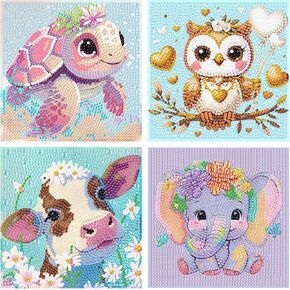 FLAJZ Diamond Art Painting for Kids, 4 Pack 5D DIY Cartoon Cute Animal Diamond Art Kits for Kids, Full Round Drill Gem Art for Home Wall Decor Kids Present