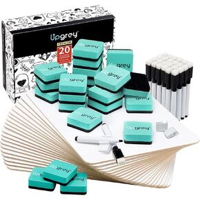 UPGREY Dry Erase Boards, Small Whiteboard 20 Pack 9"X12" Double-Sided Mini Whiteboards for Kids Lapboards with 24 Pens+24 Erasers+24 Pen Clips for Students, Teachers, Class, Office