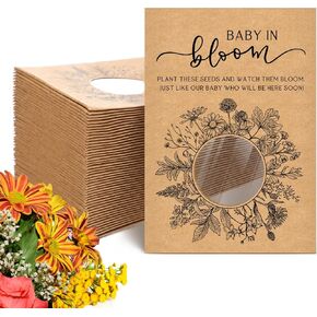 Fumete 50 Pack Baby Shower Party Favor Baby in Bloom Seed Envelopes Kraft Packet with Clear Window Resealable Seed Organizer Storage Bag for Gender Reveal Party(50 Pcs,Sunflower)