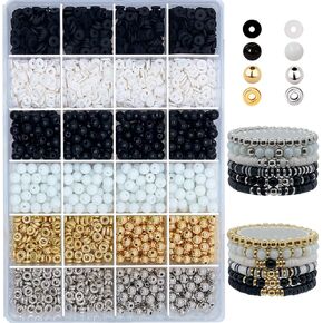2420PCS Black Clay Beads for Bracelets Making Kit 6mm Black White Clay Bead Gold Silver Spacer Beads Heishi Beads Flat Polymer Beads Frendship Bracelet Beads Kit for Adults(Clay & Glass Beads)