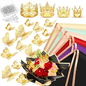 Kigeli 148 Pcs Flower Bouquet Accessories Include 20 Sheets Flower Wrapping Paper 4 Crowns 24 3D Butterfly Wall Decor 100 Bouquet Pins Gifts for Graduation Grad Mother's Day Birthday DIY(Purple)