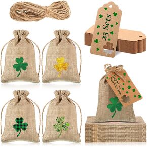 24 Sets St. Patrick's Day Party Favor Bags Shamrock Burlap Bags Rustic Goody Bags Kraft Paper Mini Tags with Rope Craft Hang Tags for Party Festival Label Wedding Irish Holiday Hanging Decor