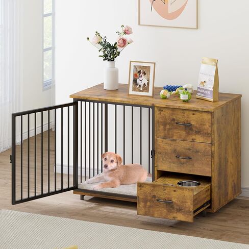 YITAHOME Wooden Dog Crate Furniture with Hidden Dog Feeders, 46" Stylish Dog Kennel End Table Furniture, Indoor Pet Cage Dog House with 2 Drawers for Medium Small Dogs, Brown in Saudi Arabia