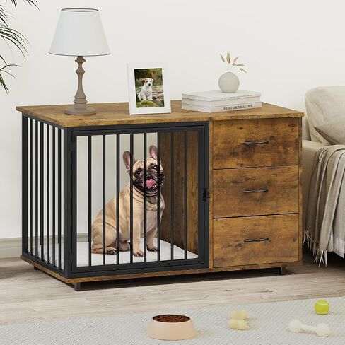 YITAHOME Wooden Dog Crate Furniture with Hidden Dog Feeders, 46" Stylish Dog Kennel End Table Furniture, Indoor Pet Cage Dog House with 2 Drawers for Medium Small Dogs, Brown in Saudi Arabia