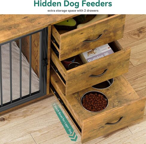 YITAHOME Wooden Dog Crate Furniture with Hidden Dog Feeders, 46" Stylish Dog Kennel End Table Furniture, Indoor Pet Cage Dog House with 2 Drawers for Medium Small Dogs, Brown in Saudi Arabia