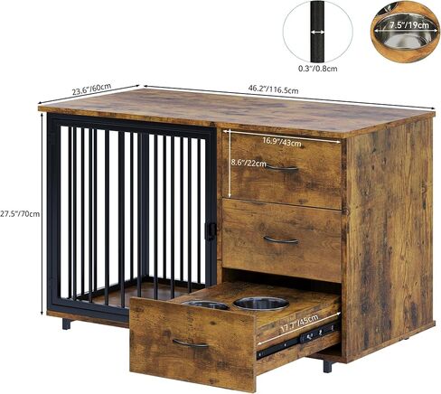 YITAHOME Wooden Dog Crate Furniture with Hidden Dog Feeders, 46" Stylish Dog Kennel End Table Furniture, Indoor Pet Cage Dog House with 2 Drawers for Medium Small Dogs, Brown in Saudi Arabia