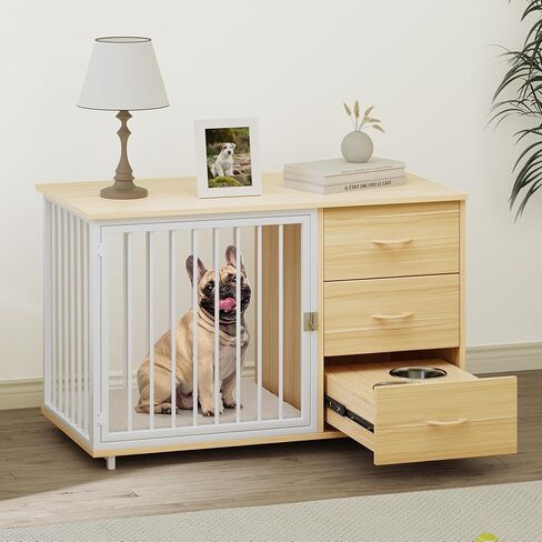 YITAHOME Wooden Dog Crate Furniture with Hidden Dog Feeders, 46" Stylish Dog Kennel End Table Furniture, Indoor Pet Cage Dog House with 2 Drawers for Medium Small Dogs, Brown in Saudi Arabia