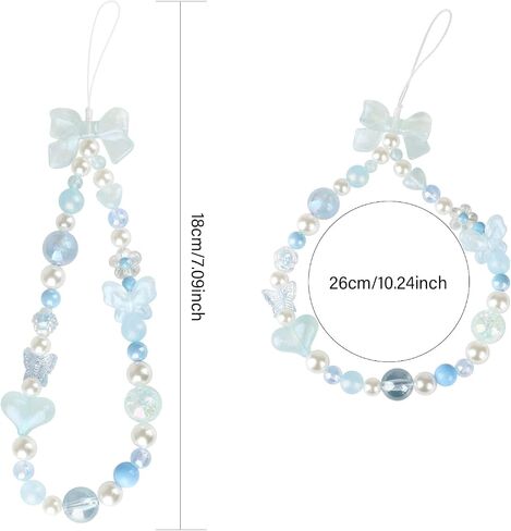 LUVI Beaded Phone Charm Lanyard Wrist Strap Love Heart Bow Beads Butterfly Chain Flower String Pearl Bling Bracelet Keychain Cute Fashion for Women Girls in Saudi Arabia