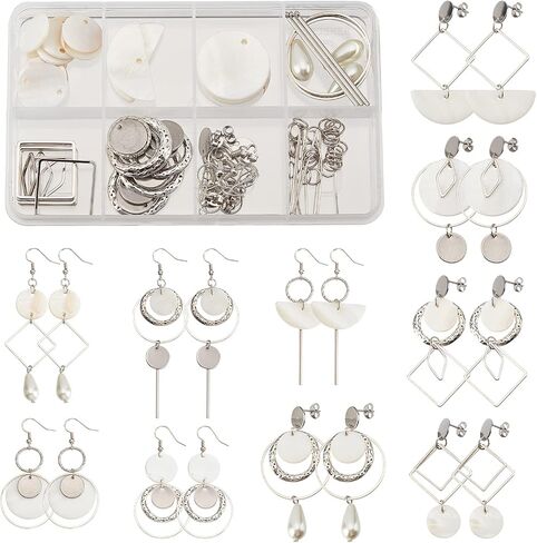 SUNNYCLUE 1 Box DIY 10 Pairs Geometric Hollow Earring Making Starter Kit Shell Ring Round Square Star Triangle Charm Connector Earring Stud Hooks Jewelry Making Supplies Craft Silver, Instruction in Saudi Arabia