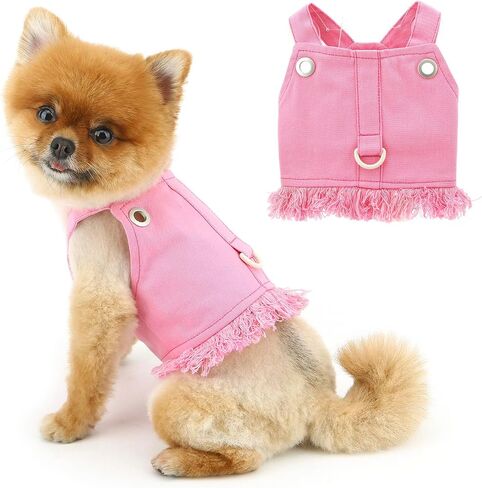 Denim Dog Harness Vest for Small Dogs Puppy Clothes Cat Vest Harness and Leash Set Spring Summer Pet Shirt with D-Ring Sleeveless Doggie Strap Cute Chihuahua Fringe Outfits,Pink,XXL in Saudi Arabia