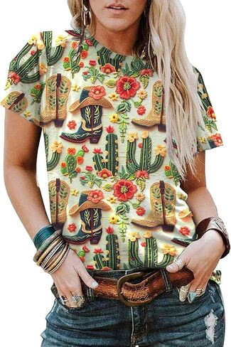 تي شيرت Wild Bandita Cactus للنساء مضحك راعية البقر شروق الشمس برسومات تي شيرت غربي كاجوال بأكمام قصيرة in Kuwait