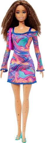 Barbie Fashionistas Doll #206 with Crimped Hair & Freckles Wearing Removable Rainbow Marble-Print Dress, Green Mules & Purse in Saudi Arabia