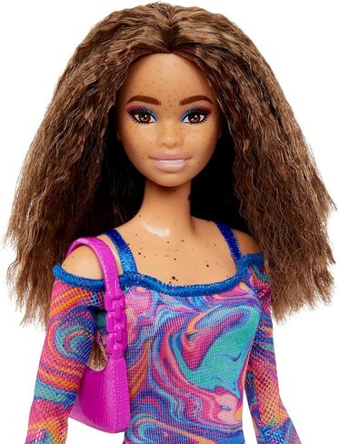 Barbie Fashionistas Doll #206 with Crimped Hair & Freckles Wearing Removable Rainbow Marble-Print Dress, Green Mules & Purse in Saudi Arabia