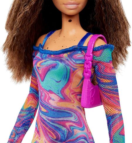 Barbie Fashionistas Doll #206 with Crimped Hair & Freckles Wearing Removable Rainbow Marble-Print Dress, Green Mules & Purse in Saudi Arabia