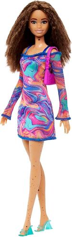 Barbie Fashionistas Doll #206 with Crimped Hair & Freckles Wearing Removable Rainbow Marble-Print Dress, Green Mules & Purse in Saudi Arabia