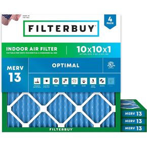 Filterbuy 10x10x1 Air Filter MERV 13 Optimal Defense (4-Pack), Pleated HVAC AC Furnace Air Filters Replacement (Actual Size: 9.50 x 9.50 x 0.75 Inches)