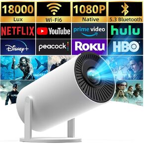 Auto Keystone Projector with WIFI 6 and 5.3 Bluetooth, Pericat 210° Rotatable Portable Projector, 18000L 4K Native 1080P Projector, Outdoor Movie Projector Compatible for Laptop, PC, Smartphone