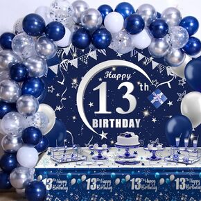 16th Birthday Decorations for Boys and Girls Dark Blue, HAPPY BIRTHDAY Banner Black Number 16 Balloons Tablecloth Foil Backdrop Star Balloons Garland Arch Kit-16 Years Old Birthday Party Supplies