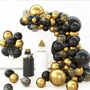 144pcs Black and Gold Balloons Arch Kit, Black Gold Confetti Balloons for Birthday Graduation Retirement anniversary Party Decorations Balloon Garland Kit for New Years Eve Decor