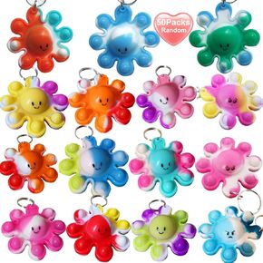 50 Packs Rainbow Mini Pop Octopus Fidget Keychain Gift，Small Christmas Party Fidgets Favors Bubble Anxiety Stress Reliever Stuents Prizes