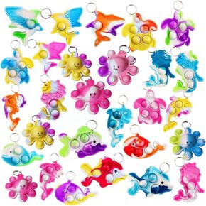 30 Packs Bulk Turtle Octopus Dolphin Mermaid Shark Fish Ocean Mini Pop Fidget Toys for Kids Classroom Students Bubble Prize, Summer Party Favors Gift