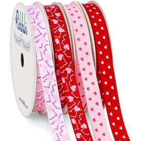 Ribbli Valentine’s Day Ribbon,4 Rolls Grosgrain Ribbon Use for Valentines Day Craft,Gift Wrapping,Home Decor,3/8 Inches Total 40 Yards,Red/White/Pink/Hot Pink