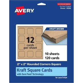 Avery Printable Square Cards with Rounded Corners with Sure Feed Technology, 2" x 2", Kraft Brown Cardstock, Print-to-the-Edge, Laser/Inkjet, 120 Total, Great for Business Cards and Thank You Cards