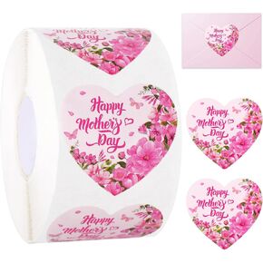 Whaline 600Pcs Happy Mother's Day Roll Stickers Heart Shaped Self-Adhesive Stickers Pink Flowers Decorative Label Decals for Gift Bag Envelope Scrapbook Decor Party Favor Supplies