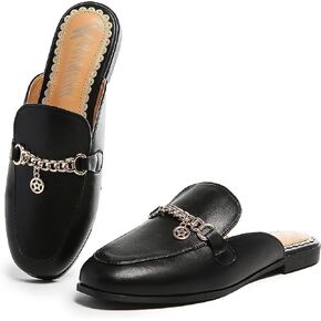 Mules for Women Round Toe Backless Flat Mules Slides Comfort Slip-on Mules with Metal Buckle