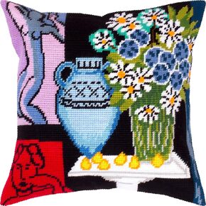 Brvsk Floral Needlepoint Kit for Adults and Beginners — The Daisies by Henri Matisse 16″ × 16″ with Clear, Precise Printed Design on Cotton Canvas; Includes 2 Needles, Yarn, and Easy-Read Chart