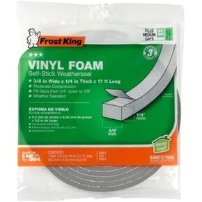 Frost King Vinyl Foam Tape - Closed Cell - Moderate Compression, 1/4" W, 1/8" Thick, 17' L, Grey - V442H