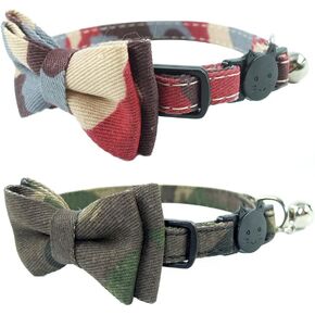 Cat Collar Bowtie with Bell, Quick Release Buckle Safety and Durable Kitties Kittens Cats Breakaway Collar Set of 2 PCS(6.8-10.8in) (Camouflage 1&Camouflage 2)
