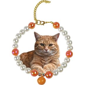 Pearl Dog Necklace and Orange Dog Collar with Bells, Suit for Small medium Dogs Cats, Colorful Beaded Dog Collar, Adjustable Cute Pearl Dog Collar Accessories for girl dogs cats