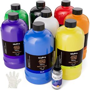 Nicpro 14 Colors Large Bulk Acrylic Pour Paint Set (33.8 oz,1000 ml) Premixed High Flow Art Pouring Paint Supplies Kit with Silicone Pour Oil, Gloves for Beginner Cell Creation Flow DIY, Ready to Pour